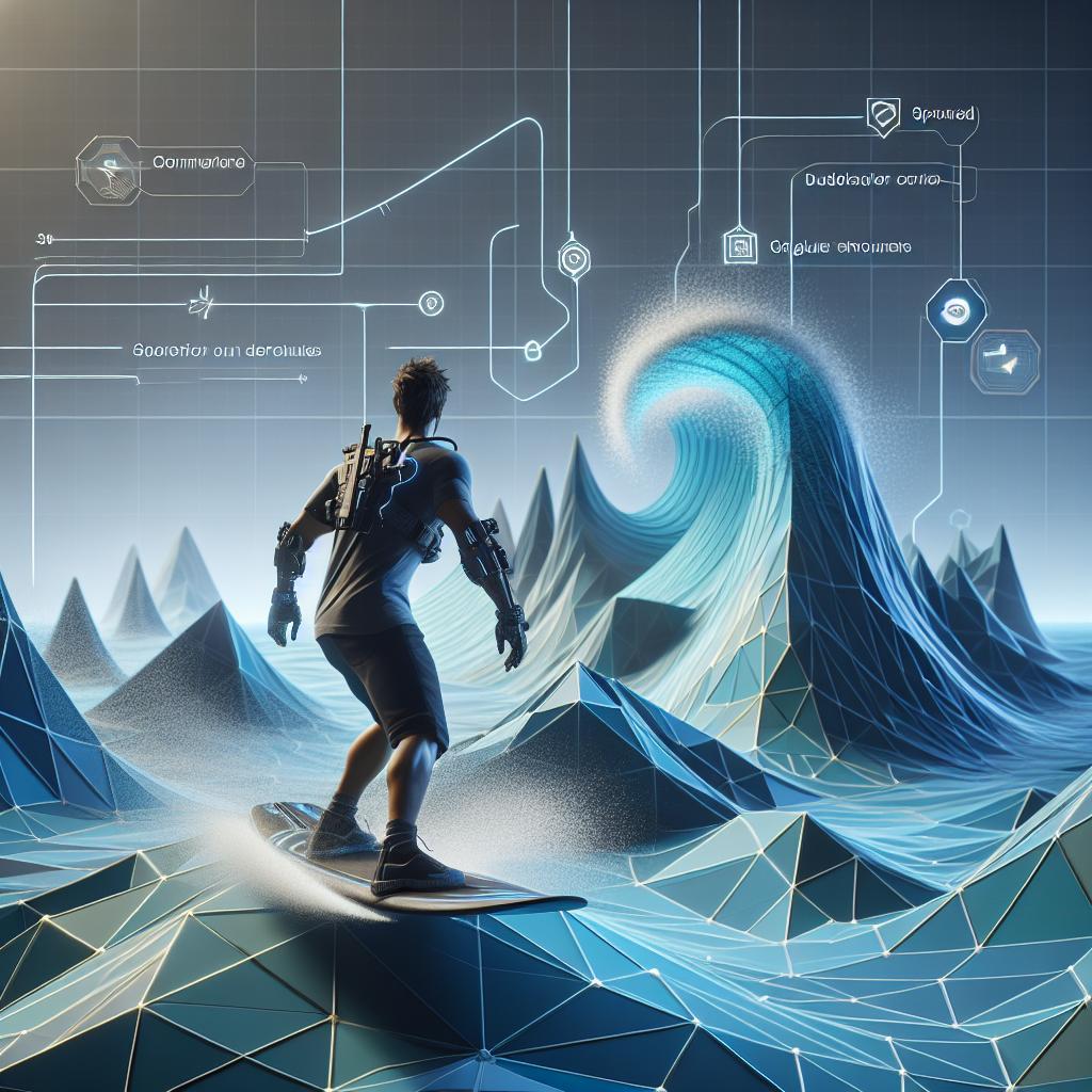 A person surfing on a futuristic digital wave, representing the concept of "how to play CSGO surf." The individual is equipped with advanced gear and is navigating through a landscape of geometric shapes and digital grids. Various data points and technical diagrams are overlaid in the background, symbolizing the techniques and strategies involved in CSGO surf gameplay.
