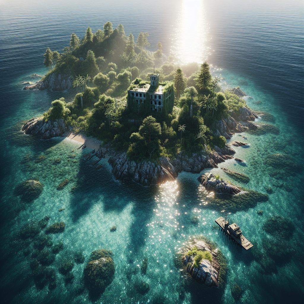 A serene image of Rebirth Island, featuring a lush, forested landscape surrounded by clear turquoise waters. In the center of the island stands an old, abandoned building partially covered in vines, adding a sense of mystery.
