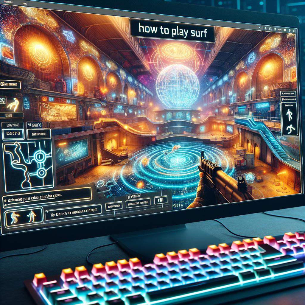 A computer screen displaying a vibrant and futuristic CS surf map, with a player navigating the environment. The screen includes interface elements and a glowing keyboard below, illustrating how to play surf on CS