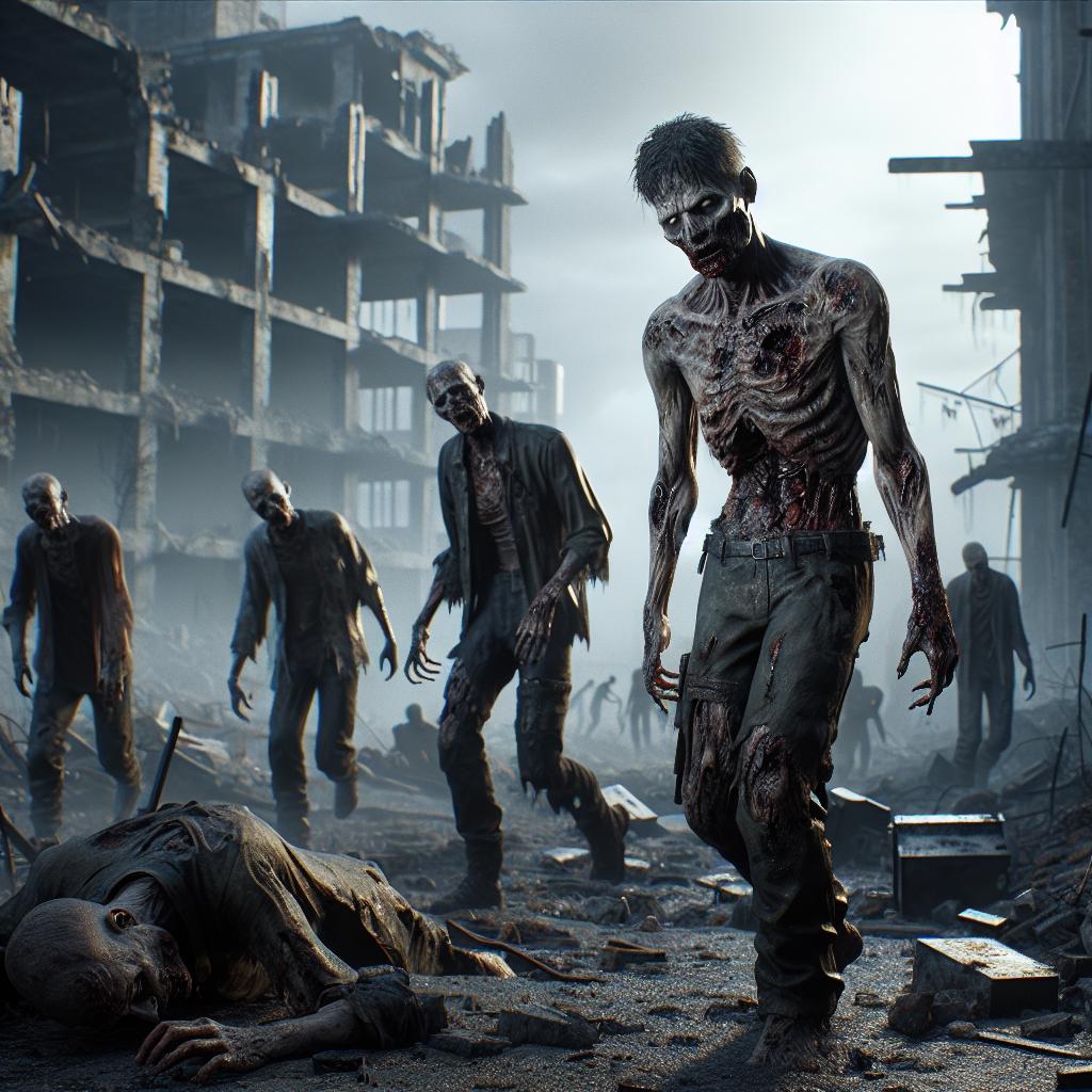 A chilling scene from MW3 Zombies, featuring a group of decaying zombies wandering through a post-apocalyptic urban landscape. The background shows dilapidated buildings and rubble, enhancing the eerie and desolate atmosphere.